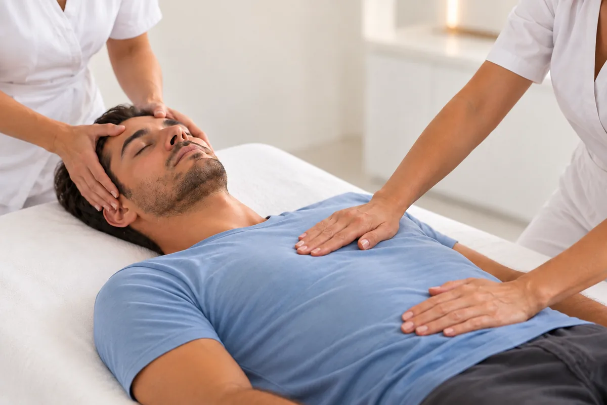 Άντρας σε συνεδρία φυσικής θεραπείας στο Cosmotherapy Center για υποστήριξη της σωματικής χαλάρωσης και διαχείριση της έντασης.