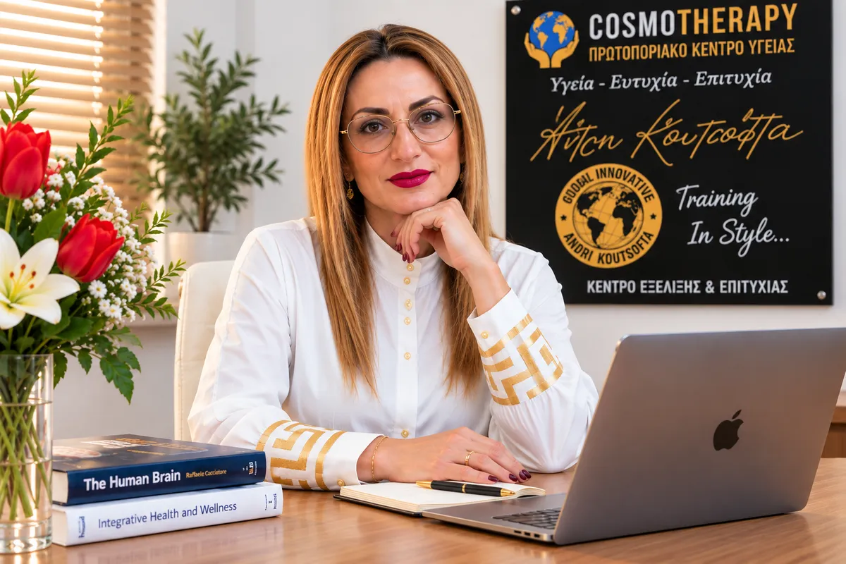Η Άντρη Κουτσόφτα στο γραφείο του Cosmotherapy Center